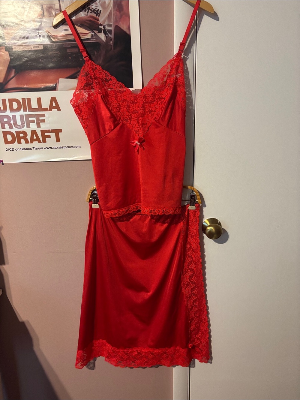True Vintage 70’s Red Satin Lace Camisole Skirt Slip Set Matching Coordinating S - Picture 3 of 17